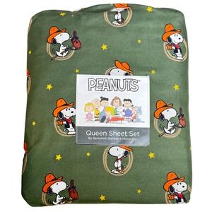 New Peanuts Queen Sheet Set Snoopy Cowboy Green Berkshire Blanket New